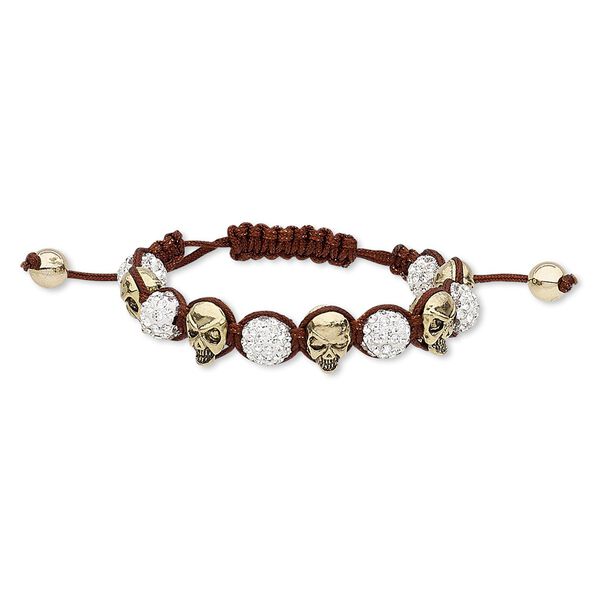 Bracelet, glass rhinestone / nylon / polymer clay / gold- / antique gold-finished "pewter" (zinc-based alloy), brown / white / clear, 10mm round and 13x9mm skull, adjustable from 5-1/2 to 9 inches with macramé knot closure. Sold individually. image number 0