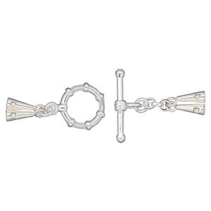 Clasp toggle 1pkg1 silver-plated, 43x12mm / crimp ends / cone crimp / fits up to 0.024 inch wire, brass Screw-Tite Crimps™ 2-strand