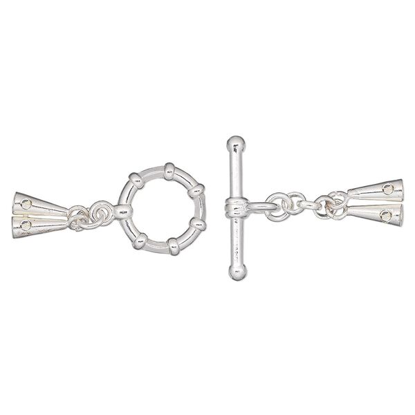 Clasp, 2-strand toggle, Screw-Tite Crimps™, silver-plated brass, 43x12mm with smooth cone crimp ends, for wire up to 0.024 inches. Sold individually. image number 0