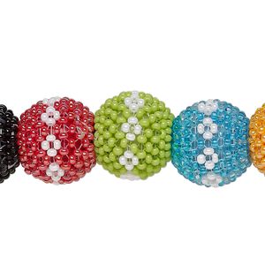 Bead, glass, opaque multicolored, 13mm round with diamond design. Sold per pkg of 12.