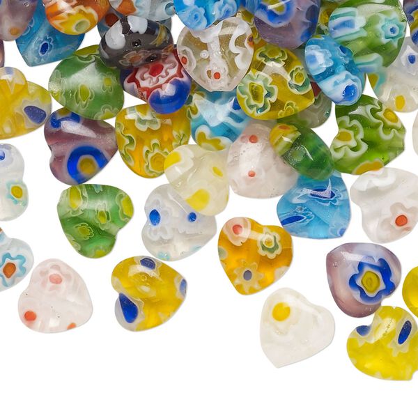 Bead mix, millefiori glass, translucent and transparent multicolored, 7-9mm puffed heart. Sold per 2-ounce pkg, approximately 180 beads. image number 0