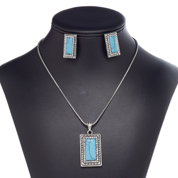 Necklace and earring set, "turquoise" (imitation) resin / crystals / antique silver-plated steel / imitation rhodium-plated brass / "pewter" (zinc-based alloy), blue and crystal clear, 50x25mm rectangle, 18-inch necklace with 2-inch extender chain and lobster claw clasp, 28mm earrings with post and safety. Sold per set. image number 0