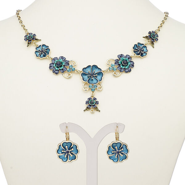 Necklace and earring set, enamel / glass rhinestone / gold-finished steel / "pewter" (zinc-based alloy), teal / blue / teal green, flowers, 18-inch necklace with 2-inch extender chain and lobster claw clasp, 27mm earrings with leverback ear wire. Sold per set. image number 0