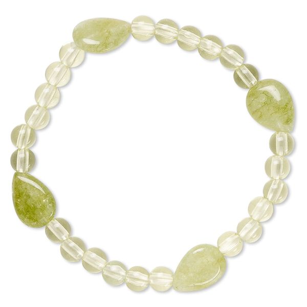 Bracelet, stretch, quartz (dyed) and acrylic, green and light yellow-green, 5mm round and 14x10mm-15x11mm flat teardrop, 6-1/2 inches. Sold individually. image number 0