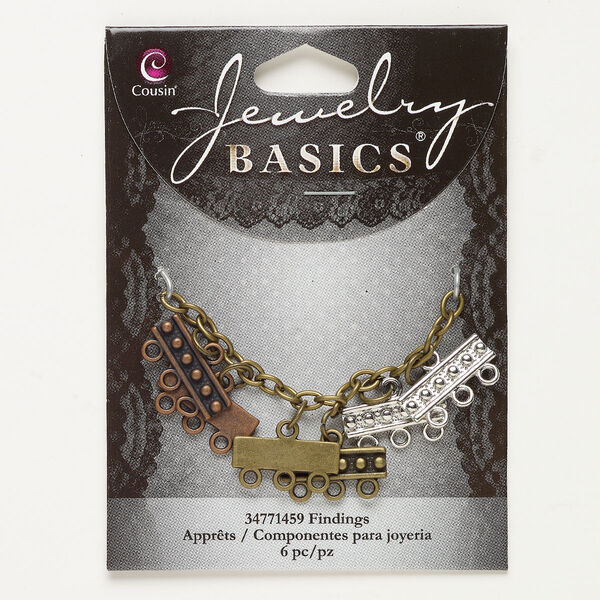 Drop assortment, silver- / antiqued brass- / copper-finished steel, 19x6mm beaded rectangle. Sold per pkg of 6. image number 0