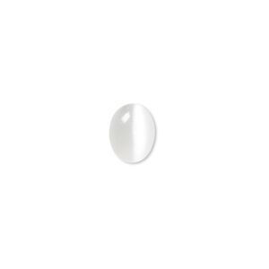 Cabochon, cat's eye glass (fiber optic glass), white, 10x8mm calibrated oval, quality grade. Sold per pkg of 10.
