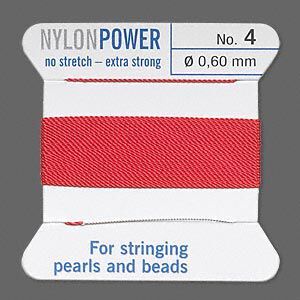 Thread, Griffin, nylon, red, size #4. Sold per 2-meter card (approximately 78 inches).
