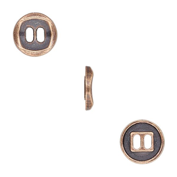 Button, antique copper-plated "pewter" (zinc-based alloy), 11mm single-sided concave flat round. Sold per pkg of 50. image number 0
