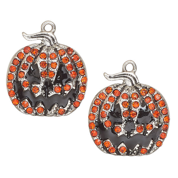 Charm, antique silver-finished enamel "pewter" (zinc-based alloy) and glass, orange and black, 24x23mm single-sided jack-o-lantern. Sold per pkg of 2. image number 0