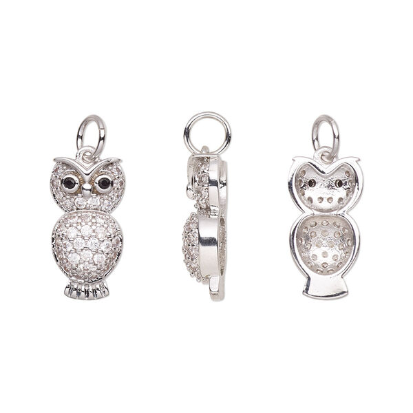 Charm, cubic zirconia and silver-plated brass, clear and black, 15.5x8mm single-sided owl. Sold individually. image number 0