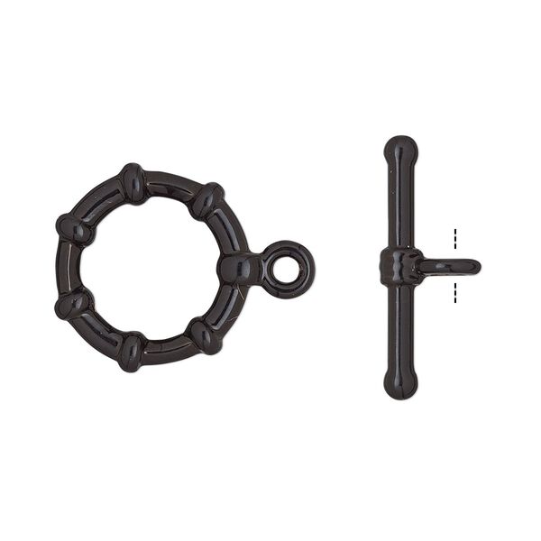 Clasp, toggle, electro-coated "pewter" (zinc-based alloy), black, 12mm beaded round. Sold per pkg of 2. image number 0