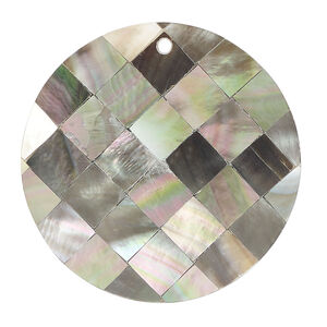 Focal, black lip shell and resin (assembled) 1pkg1, 36-38mm top-drilled 1sided flat round with checkerboard pattern.