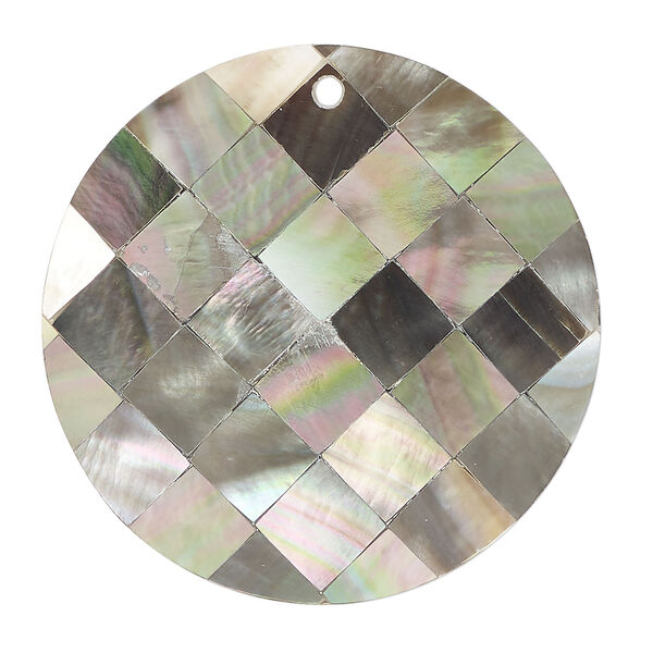 Focal, black lip shell and resin (assembled) 1pkg1, 36-38mm top-drilled 1sided flat round with checkerboard pattern. image number 0