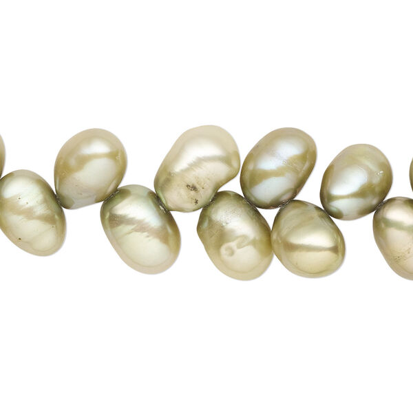 Pearl, cultured freshwater (dyed), moss, 8x6mm-10x7mm herringbone-drilled flat-sided rice with 0.4-0.6mm hole, C- grade, Mohs hardness 2-1/2 to 4. Sold per 15-inch strand. image number 0