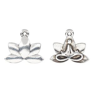 Charm, antique silver-plated pewter (tin-based alloy), 18.5x13mm two-sided lotus with meditation symbol. Sold per pkg of 2.