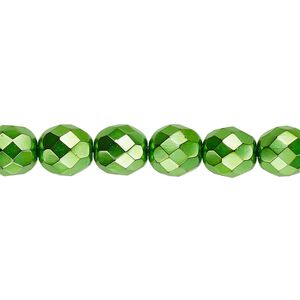 Bead, Czech fire-polished glass, opaque emerald green carmen, 8mm faceted round. Sold per 15-1/2" to 16" strand.