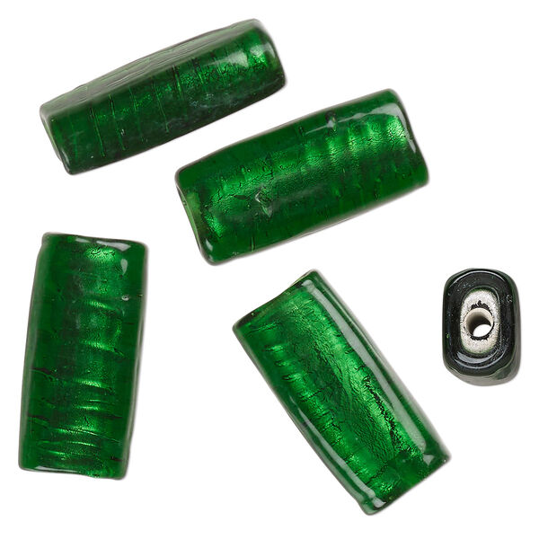 Bead, lampworked glass, opaque green, 24x12mm-23x11mm flat tube with silver-colored foil. Sold per pkg of 4. image number 0