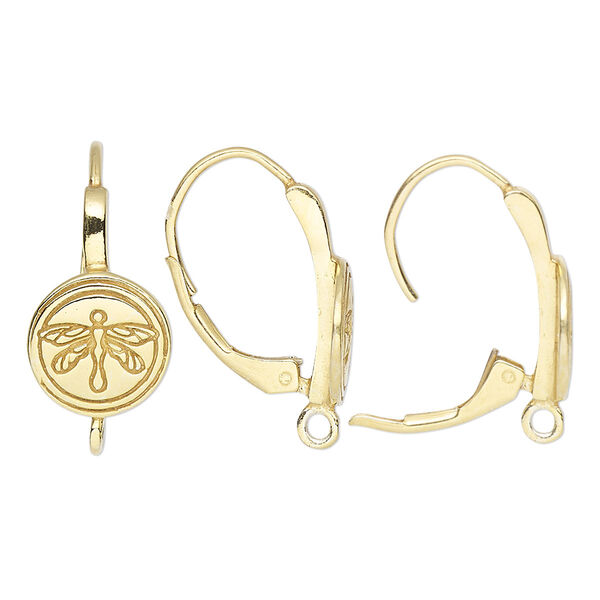 Ear wire, antique gold-finished sterling silver, 22mm leverback with round dragonfly and closed loop. Sold per pair. image number 0