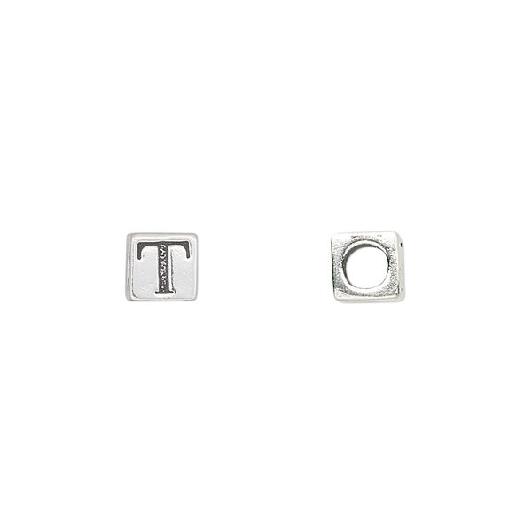 Bead, sterling silver, 5.5mm cube with alphabet letter "T." Sold individually. image number 0