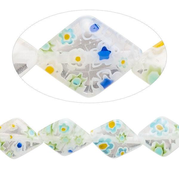 Bead, millefiori glass, translucent clear and multicolored, 13x10mm puffed diamond. Sold per 15-inch strand, approximately 30 beads. image number 0