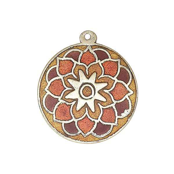 Drop, enamel and gold-finished brass, multicolored, 25-26mm single-sided flat round with flower design. Sold per pkg of 2. image number 0