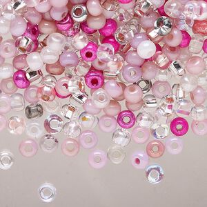 Seed bead mix, glass, pkg/100g, #6 rocaille, translucent multi-pink.