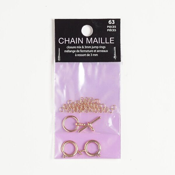 Clasp and jump ring, copper-finished "pewter" (zinc-based alloy), 3mm round / 12mm round toggle / 12mm springring, 22 gauge. Sold per pkg of 63. image number 0
