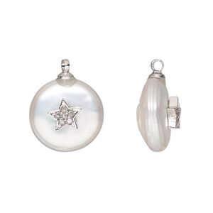 Drop, cubic zirconia / cultured freshwater pearl (bleached) / silver-finished brass, clear and white, 12-13mm single-sided round with star design. Sold individually.