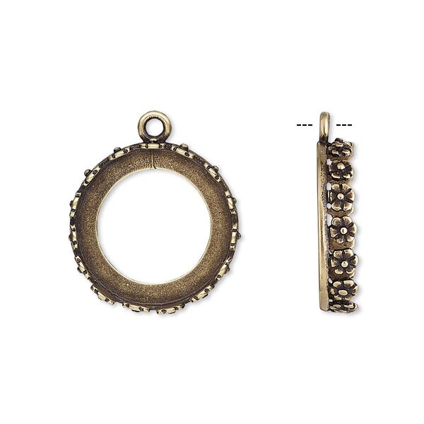 Drop, JBB Findings, antiqued brass, 18mm round with open back and flower design trim, 16mm round bezel setting. Sold per pkg of 2. image number 0