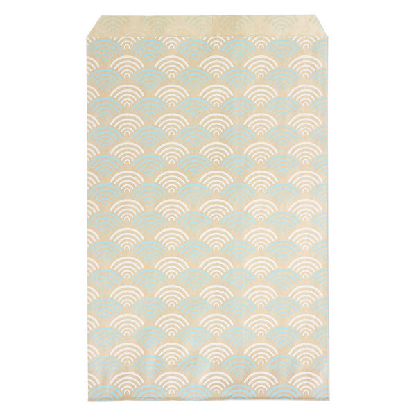 Bag, paper, brown, white and blue, 9x6 inch rectangle with fan-print and scalloped top edge. Sold per pkg of 100. image number 0