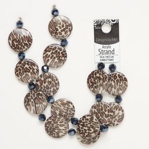 Bead, acrylic, pkg/16 inch, dark blue/brown/tan, 8mm faceted round/25mm puffed flat round.