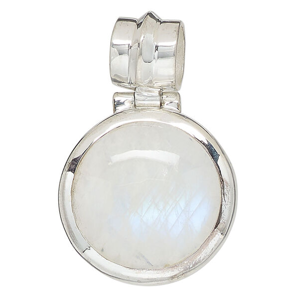 Pendant, rainbow moonstone (natural) and sterling silver, 26-31mm round. Sold individually. image number 0