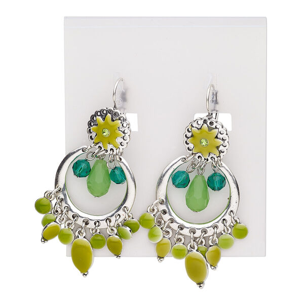 Earring, enamel / glass / glass rhinestone / antique silver-plated steel / brass / "pewter" (zinc-based alloy), multi-green, 2-1/2 inches with round and dangles with leverback ear wire. Sold per pair. image number 0