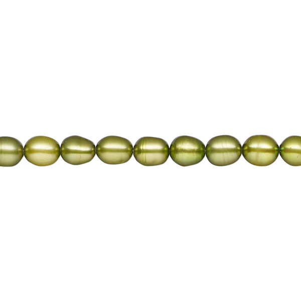 Pearl, cultured freshwater (dyed), green olive, 4-5mm rice, C grade, Mohs hardness 2-1/2 to 4. Sold per 15-inch strand. image number 0