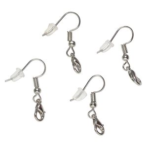 Ear wire fishhook 1pkg4, 19mm / lobster claw clasp / safety nut, 22 gauge silver-finished steel / brass 2 pair