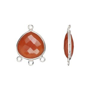Drop, sterling silver and carnelian (dyed / heated), 15x14mm hand-cut double-sided faceted teardrop with 3 closed loops, Mohs hardness 6-1/2 to 7. Sold individually.