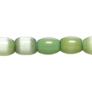Bead, cat's eye glass (fiber optic glass), green, 11x9mm-11x10mm barrel. Sold per 14-inch  strand, approximately 35 beads.