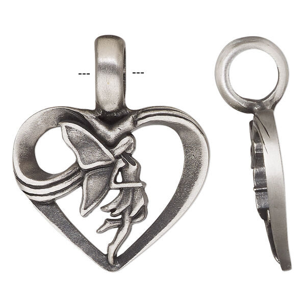 Pendant, antique pewter (tin-based alloy), 34.5x28mm single-sided open heart with fairy. Sold individually. image number 0
