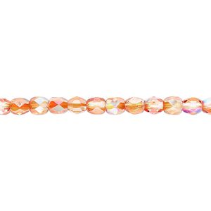 Bead, Czech fire-polished glass, two-tone clear AB and apricot medium, 4mm faceted round. Sold per 15-1/2" to 16" strand.