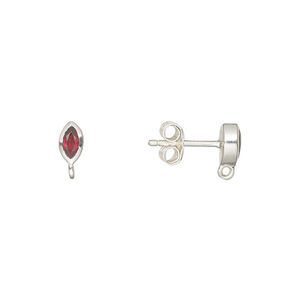 Ear stud 1pkg2, sterling silver / garnet (natural), 6x3.5mm marquise / closed loop / earnuts, 1 pair