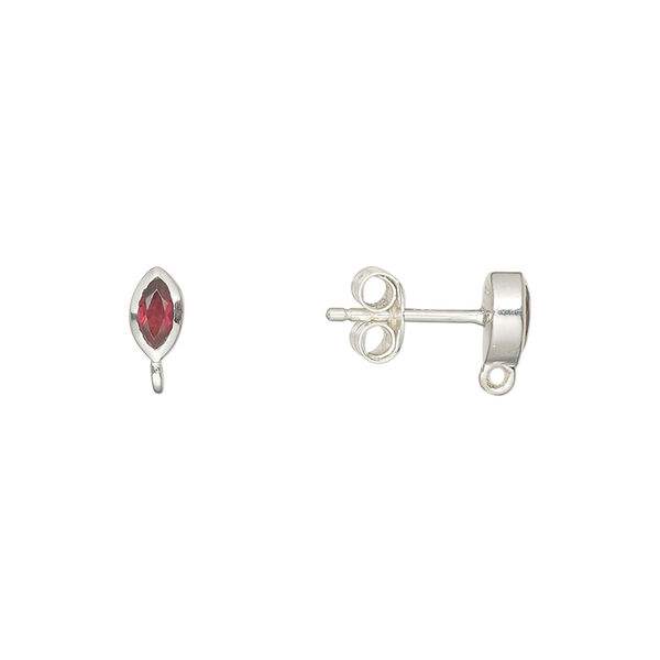 Ear stud 1pkg2 sterling silver / garnet (natural), 6x3.5mm marquise / closed loop / earnuts, 1 pair image number 0