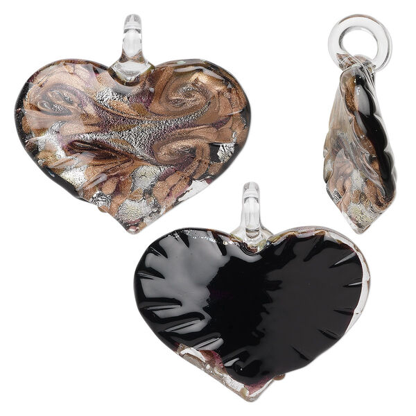 Pendant, glass, black and copper, 50x46mm heart. Sold individually. image number 0