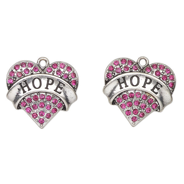 Charm, antique silver-finished enamel "pewter" (zinc-based alloy) and glass, fuchsia and black, 24x23mm heart with "Hope". Sold per pkg of 2. image number 0