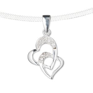 Pendant, sterling silver and cubic zirconia, clear, 16x14mm double heart. Sold individually.