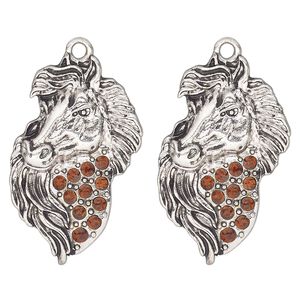 Focal, antique silver-finished "pewter" (zinc-based alloy) and glass, brown, 31x19mm single-sided horse head. Sold per pkg of 2.