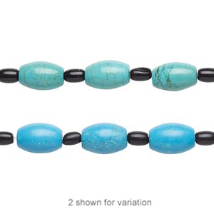Bead mix, "turquoise" (imitation) resin and glass, light teal green / blue / black, 6x4mm-8x5mm barrel and 12x8mm-13x9mm oval. Sold per pkg of 7.