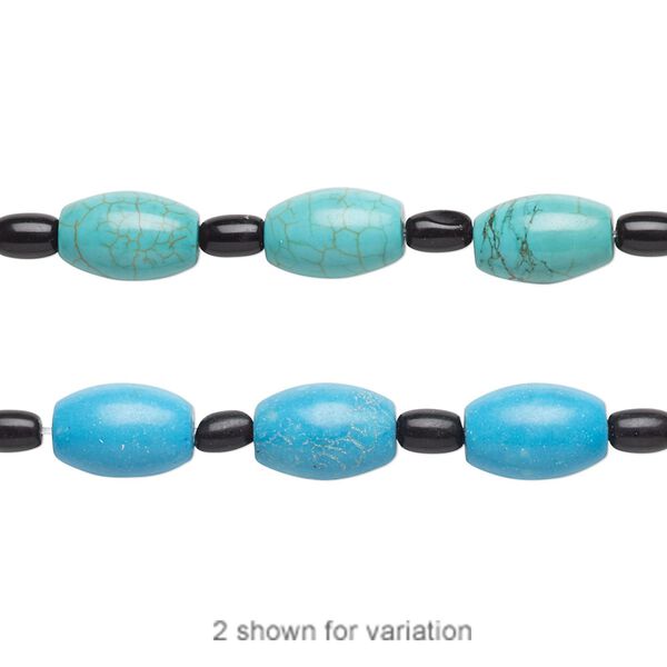 Bead mix, "turquoise" (imitation) resin and glass, light teal green / blue / black, 6x4mm-8x5mm barrel and 12x8mm-13x9mm oval. Sold per pkg of 7. image number 0