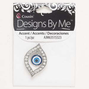 Brass / enamel / glass rhinestone 1pkg1, teardrop focal / wards-off-the-evil-eye / hidden loops silver-finished / multicolored 39x26mm