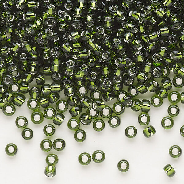 Seed bead, Dyna-Mites™, glass, silver-lined translucent olive green, #8 round. Sold per 40-gram pkg. image number 0