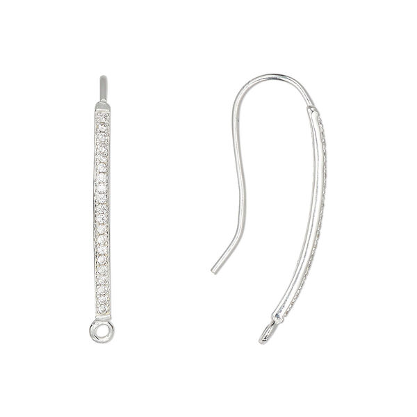 Ear wire, sterling silver and cubic zirconia, clear, 28mm with closed loop, 20 gauge. Sold per pair. image number 0
